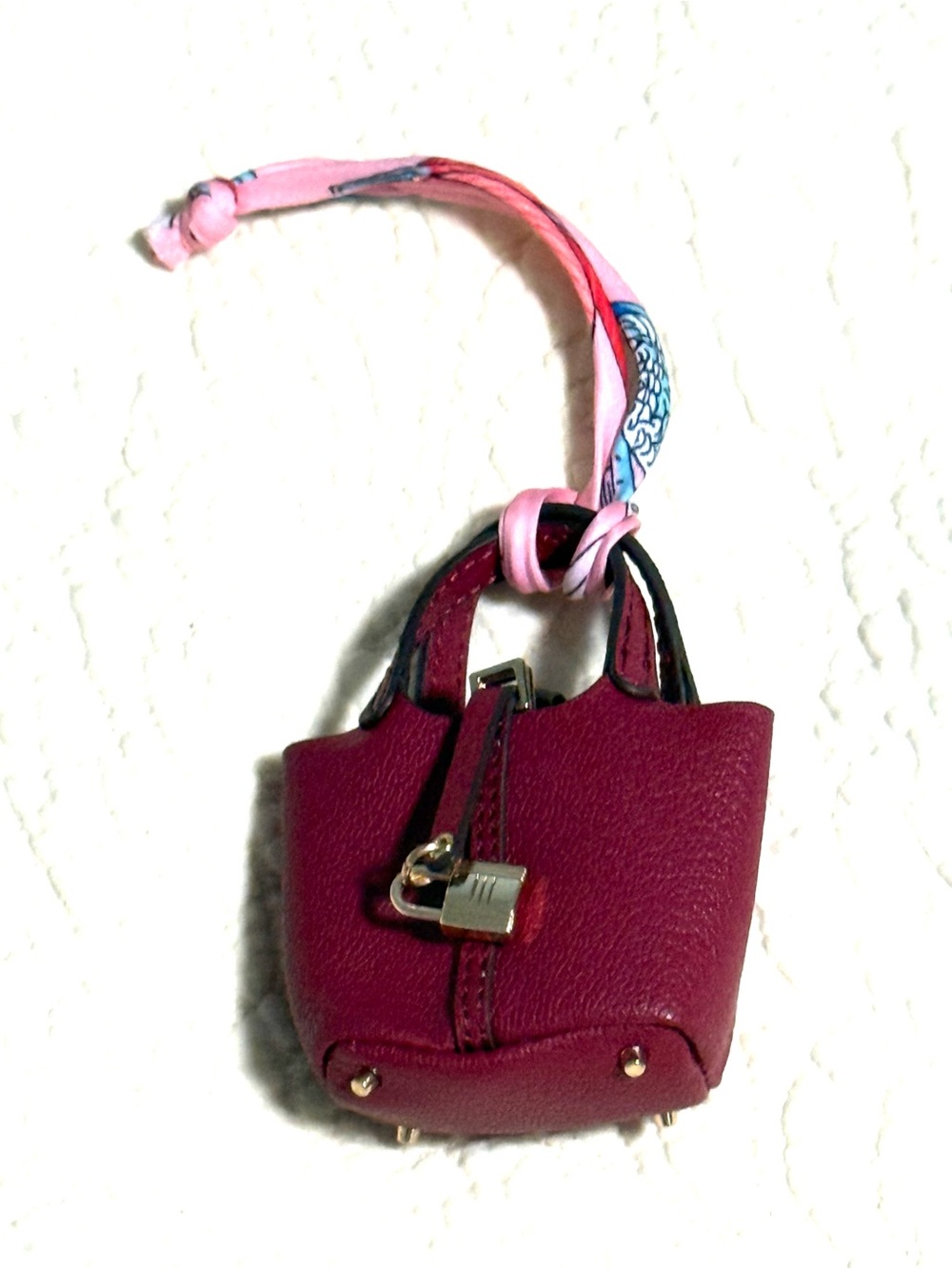 Bagcharm Mini Tote Bag Charm in Berry RED with Pink Scarf Accent and lock! NEW